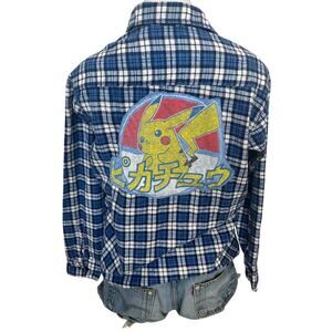 Pokemon Flannel Plaid Shirt MEDIUM Oversized One of Kind Upcycled Pikachu Unique